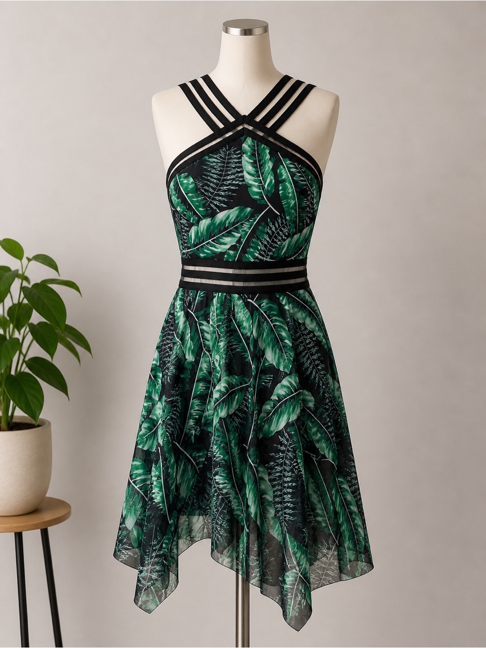 Green Tropical Leaf Strappy Fit-and-Flare Dress